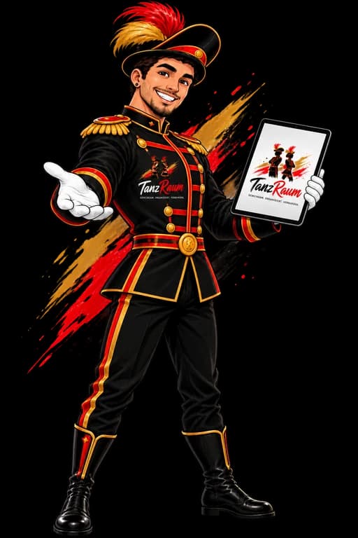 Kai, der TanzRaum-Begleiter, in schwarz-rot-goldener Garde-Uniform mit Federhut und Tablet